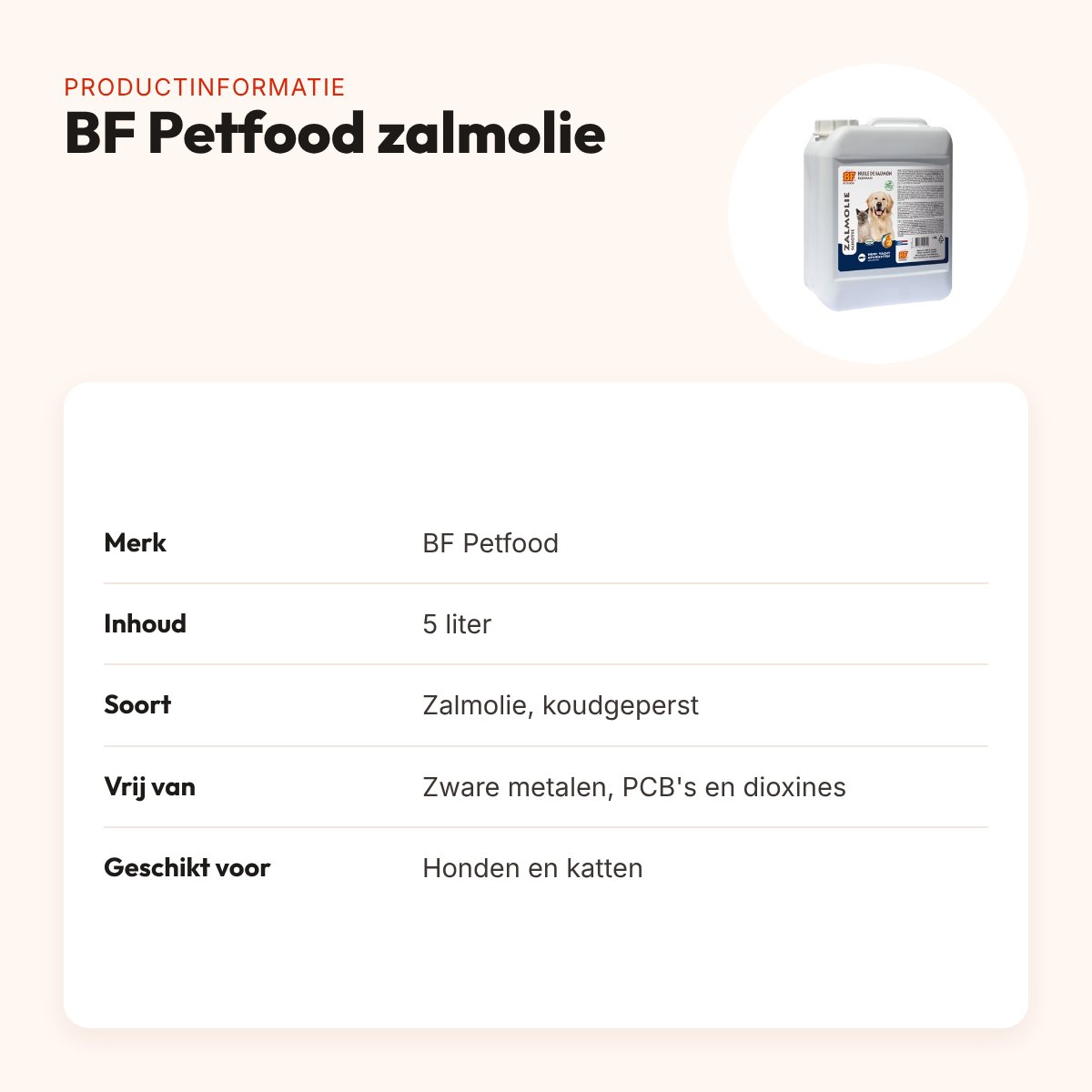 BF Petfood zalmolie 5 liter – koudgeperst, voor honden en katten – productinformatie