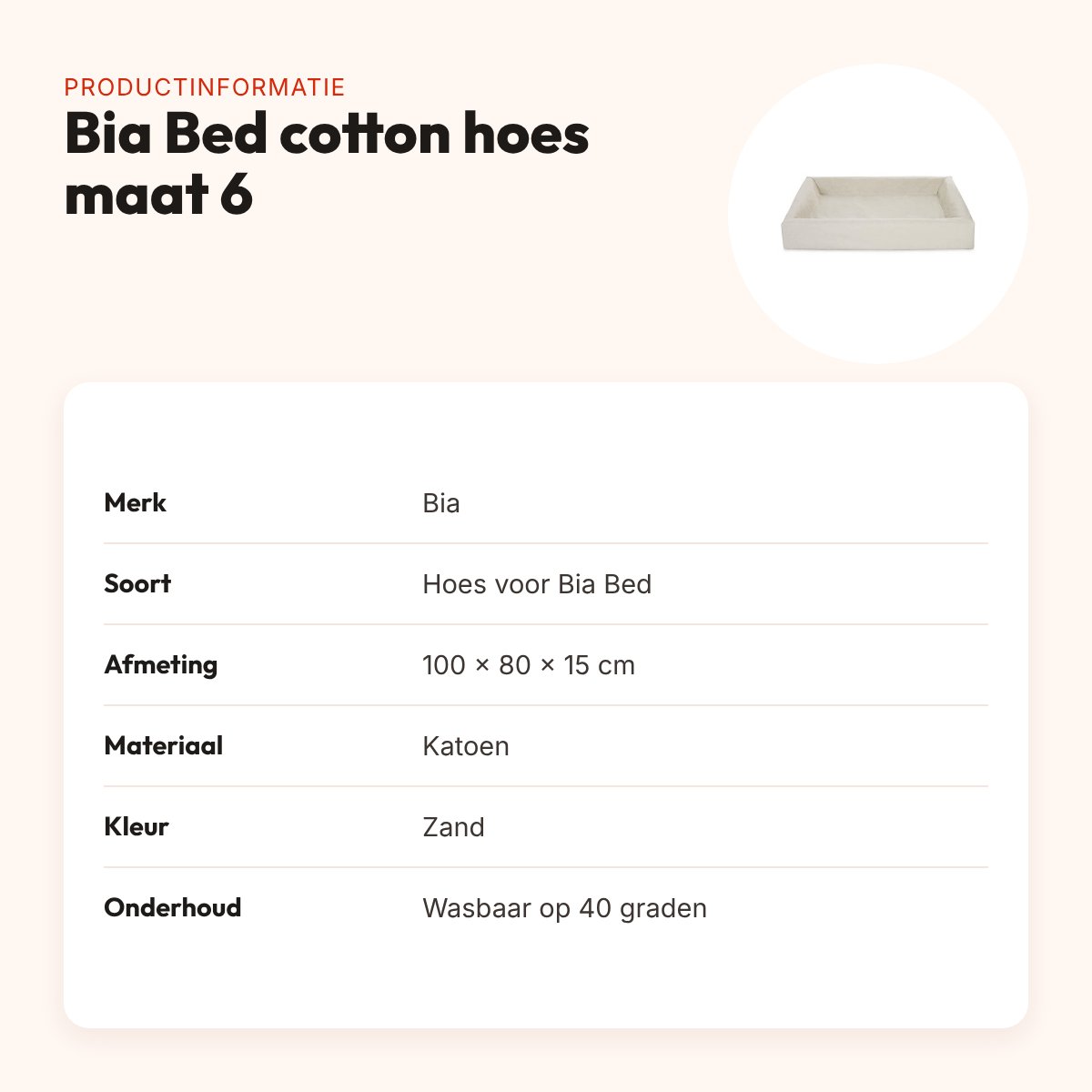 Bia Bed cotton hoes zand maat 6 (Bia-6) 100 x 80 x 15 cm – katoen – productinformatie
