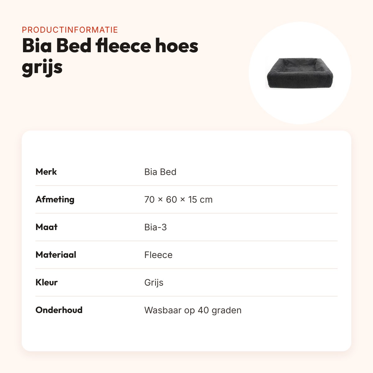 Bia Bed fleece hoes hondenmand grijs 70 x 60 x 15 cm – maat 3 – productinformatie