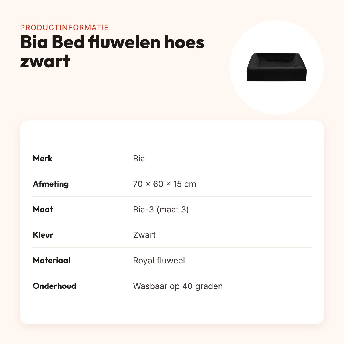Bia Bed fluwelen hoes hondenmand zwart 70 x 60 x 15 cm – maat 3 – productinformatie