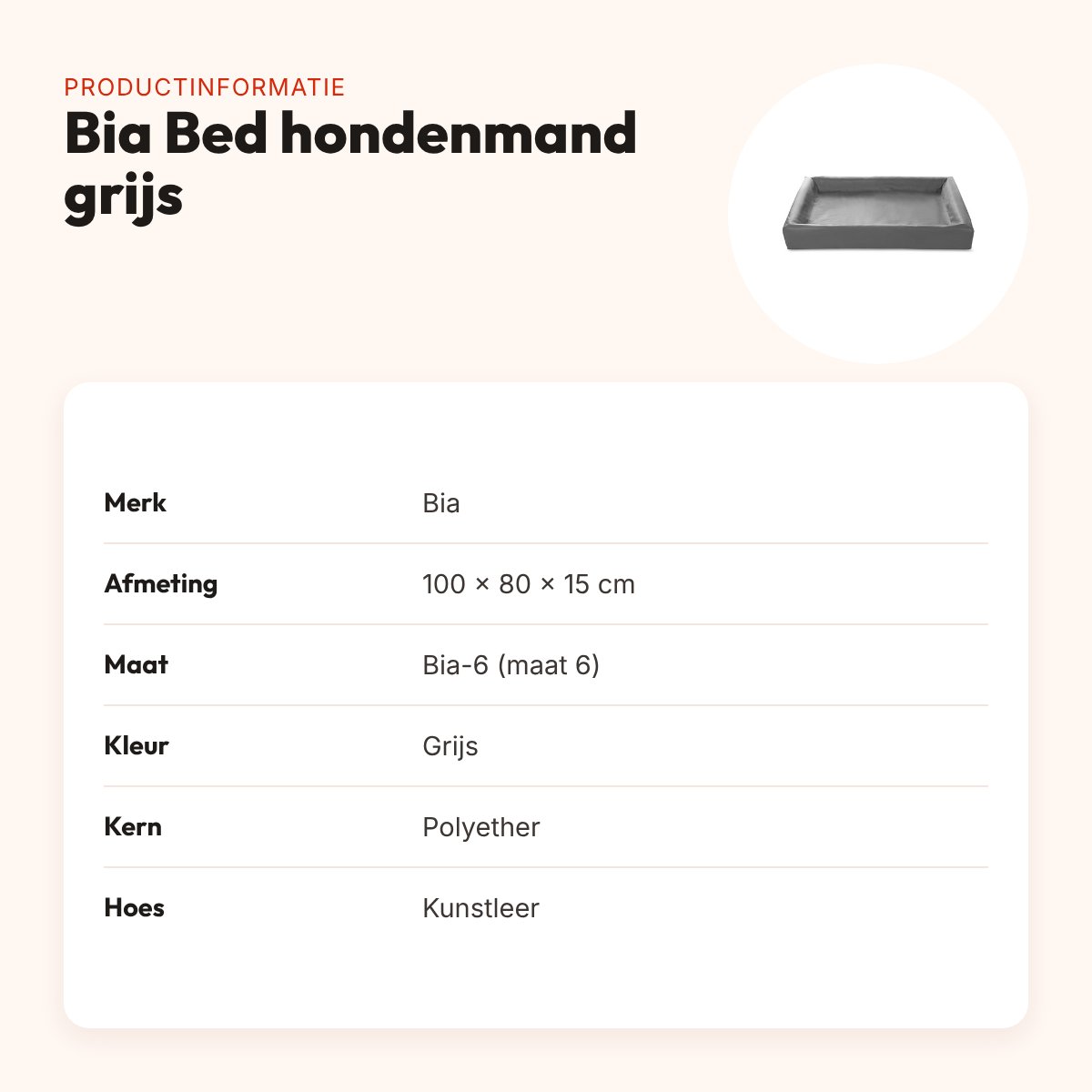 Bia Bed hondenmand grijs 100 x 80 x 15 cm – opstaande rand, maat 6 – productinformatie