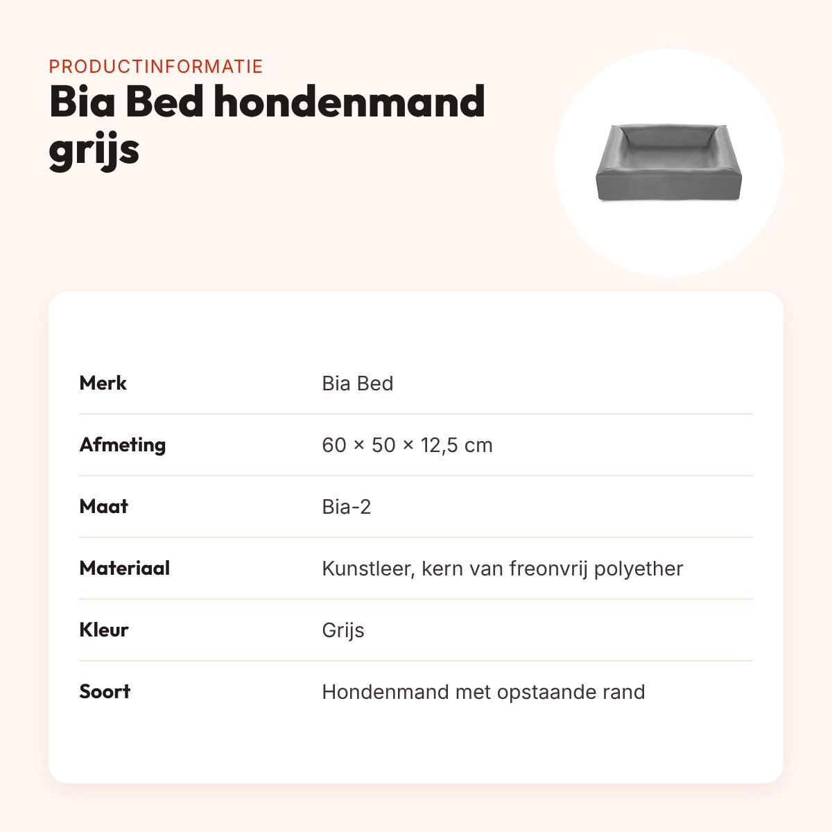 Bia Bed hondenmand grijs 60 x 50 x 12,5 cm – opstaande rand, maat 2 – productinformatie