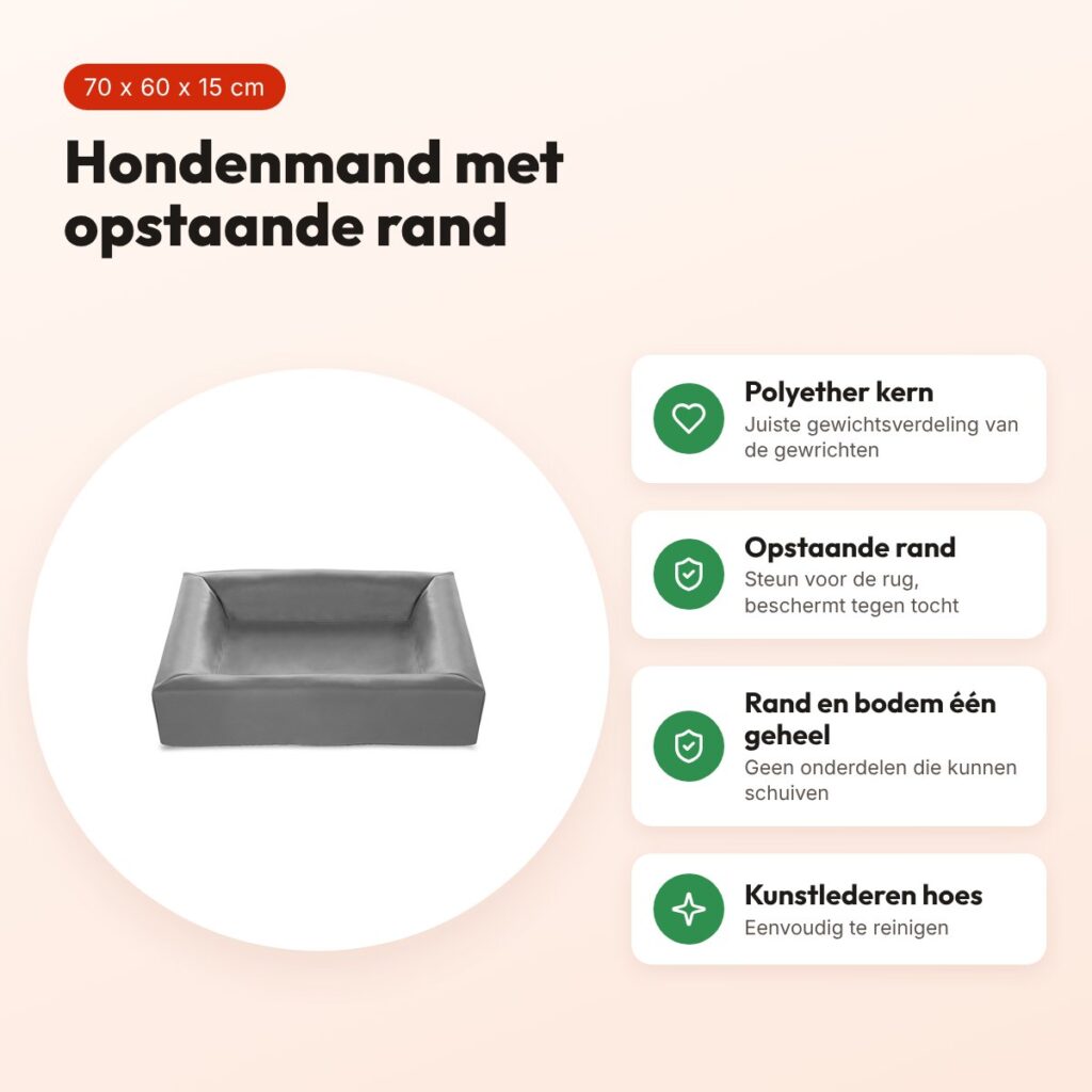 Bia Bed hondenmand grijs 70 x 60 x 15 cm – opstaande rand, maat 3 – voordelen