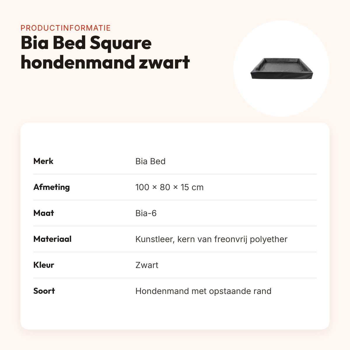 Bia Bed hondenmand Square zwart 100 x 80 x 15 cm – kunstleer, maat 6 – productinformatie