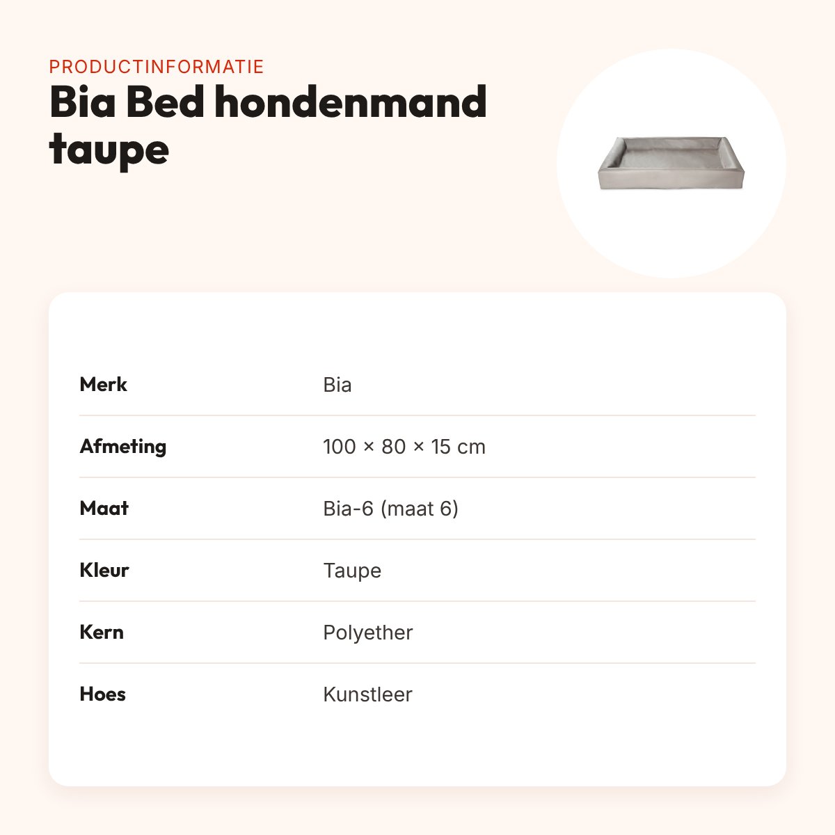 Bia Bed hondenmand taupe 100 x 80 x 15 cm – opstaande rand, maat 6 – productinformatie