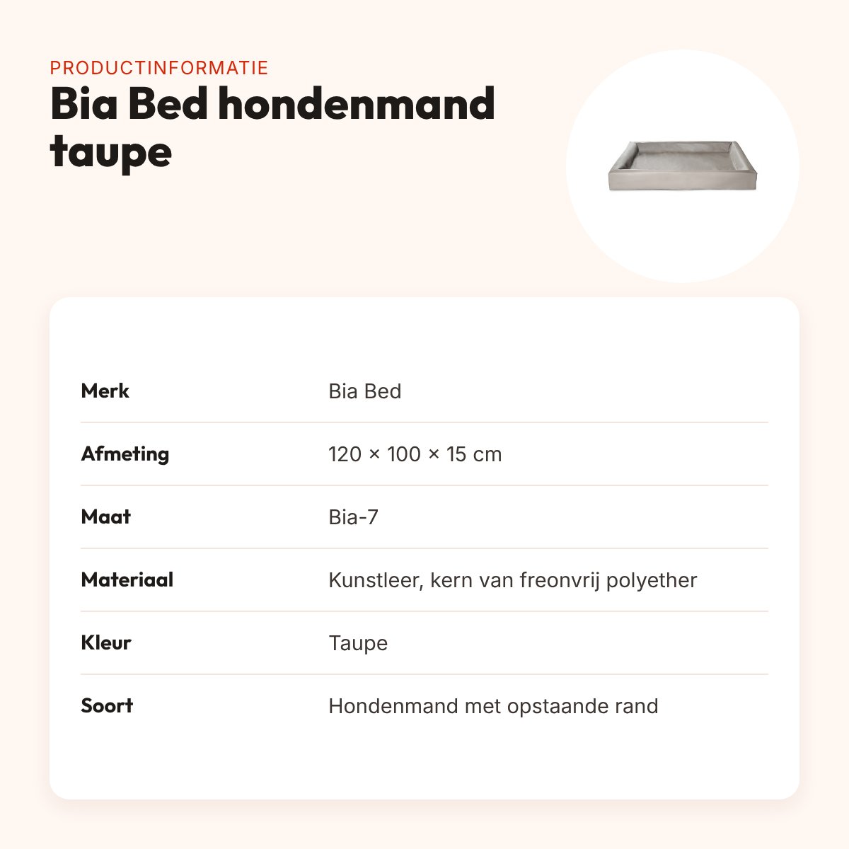 Bia Bed hondenmand taupe 120 x 100 x 15 cm – opstaande rand, maat 7 – productinformatie