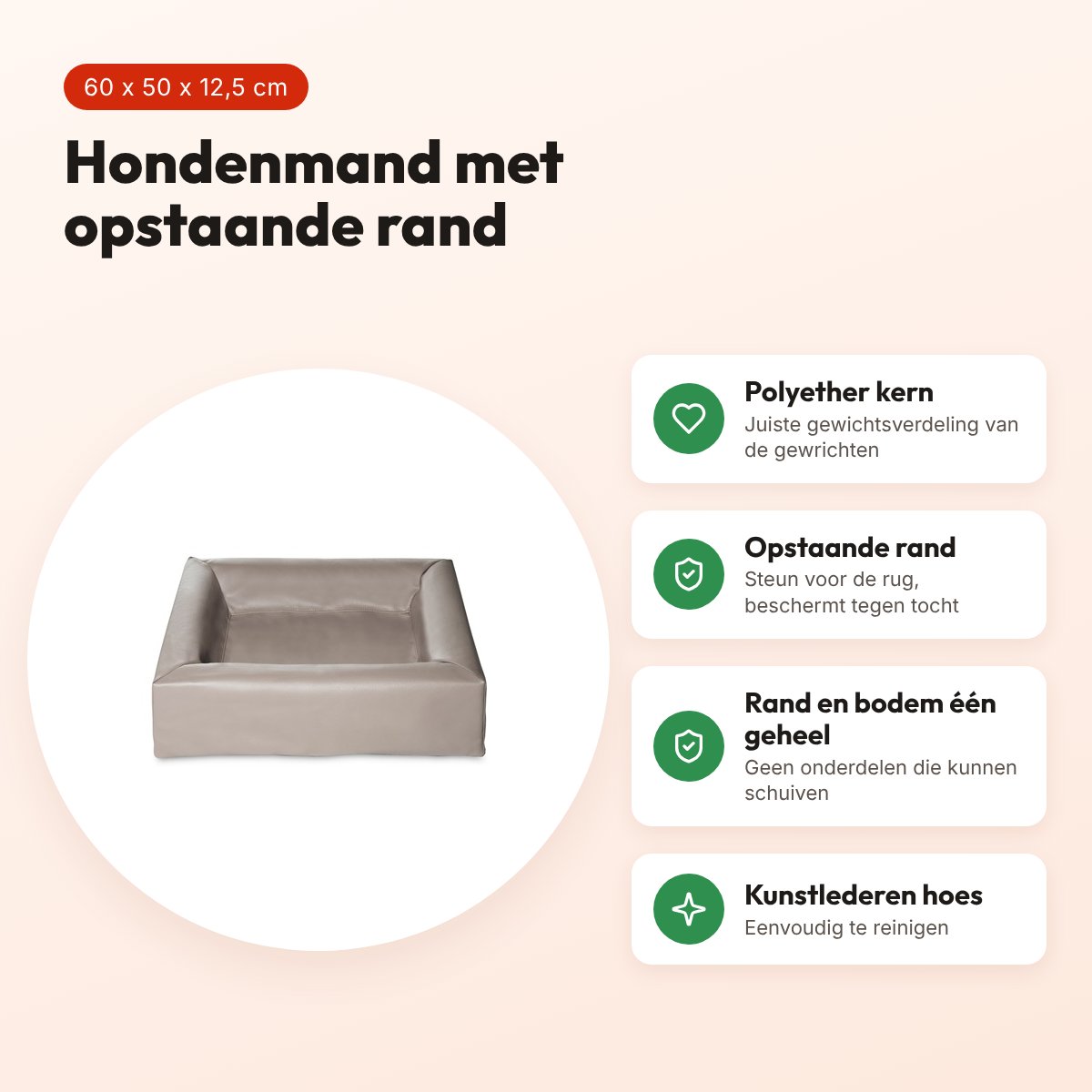 Bia Bed hondenmand taupe 60 x 50 x 12,5 cm – opstaande rand, maat 2 – voordelen