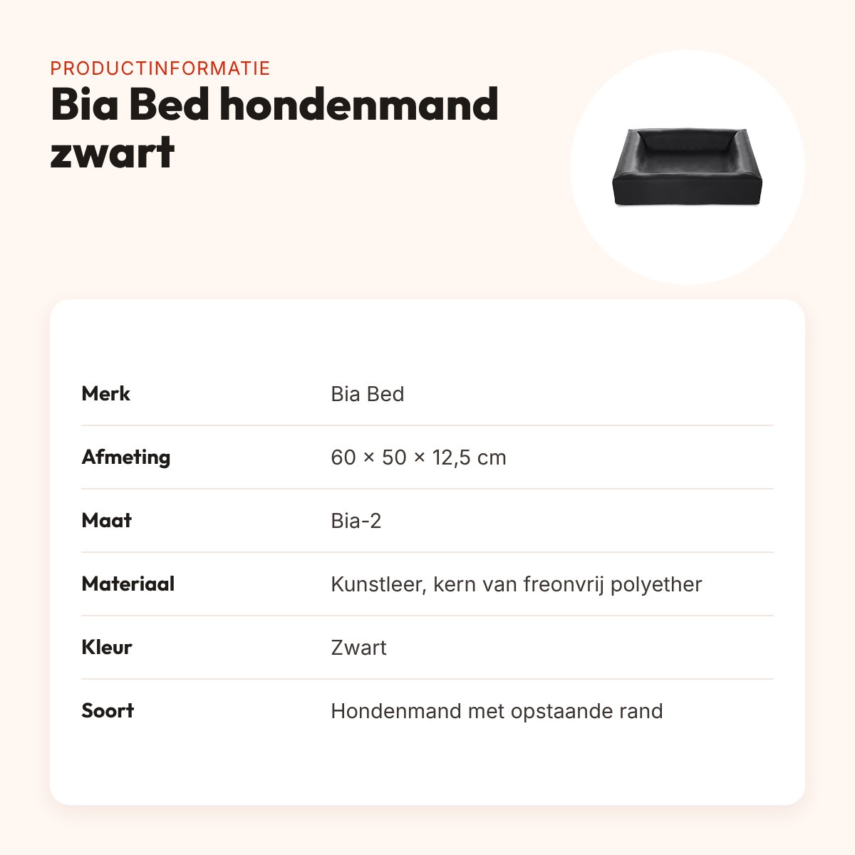 Bia Bed hondenmand zwart 60 x 50 x 12,5 cm – opstaande rand, maat 2 – productinformatie