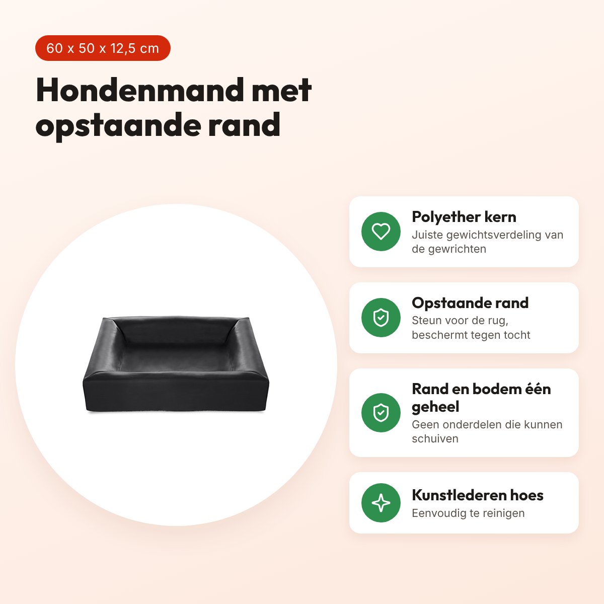 Bia Bed hondenmand zwart 60 x 50 x 12,5 cm – opstaande rand, maat 2 – voordelen