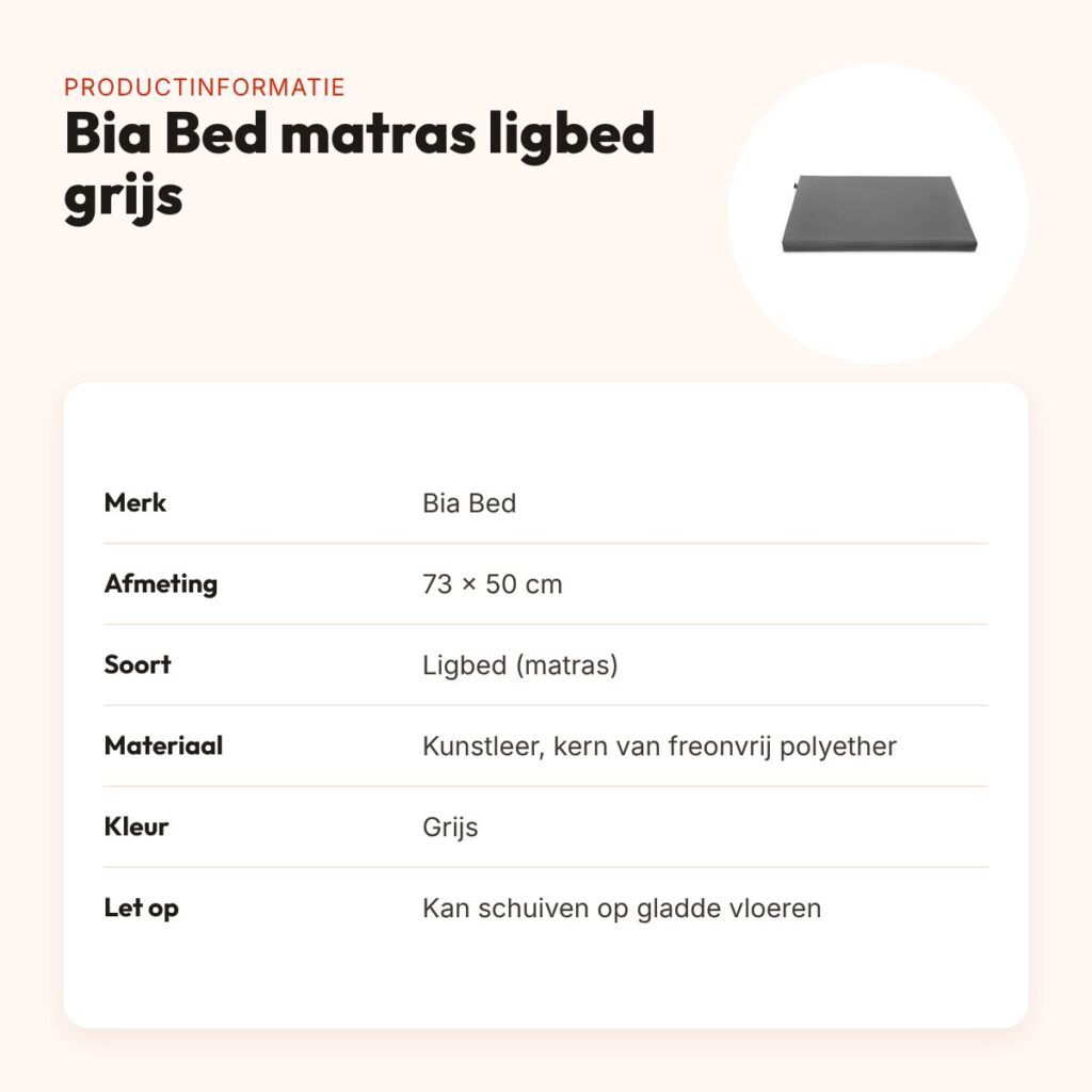Bia Bed matras ligbed grijs 73 x 50 cm – polyether kern – productinformatie