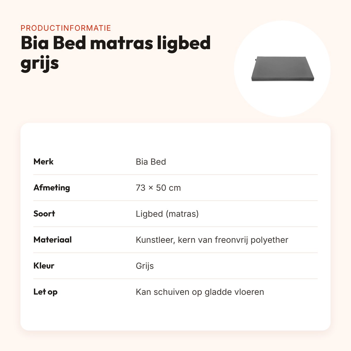 Bia Bed matras ligbed grijs 73 x 50 cm – polyether kern – productinformatie