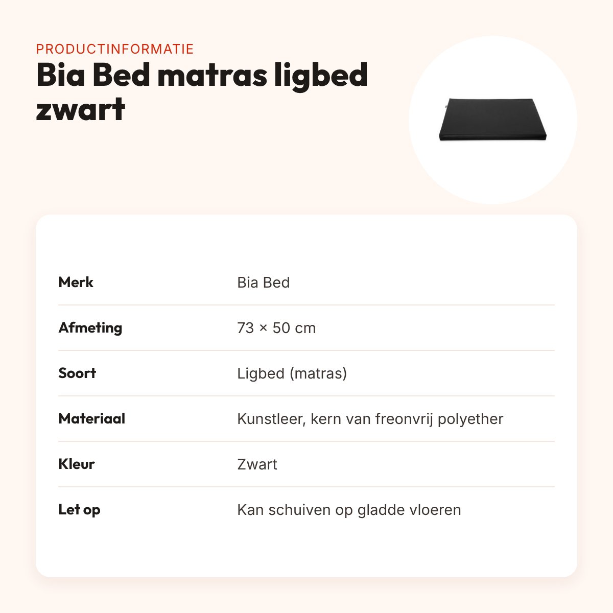 Bia Bed matras ligbed zwart 73 x 50 cm – polyether kern – productinformatie