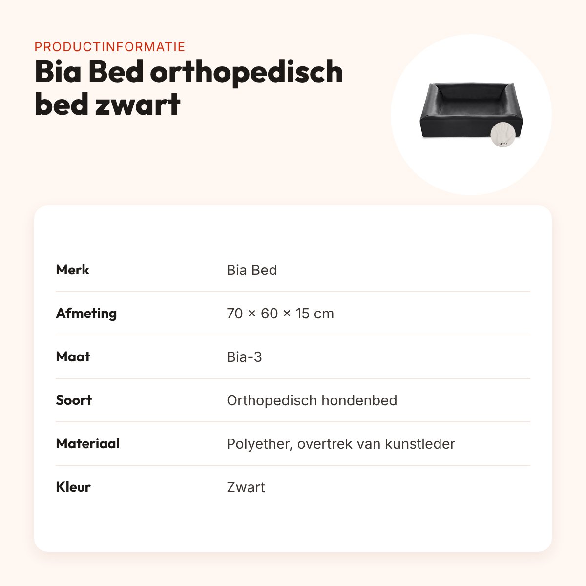 Bia Bed orthopedische hondenmand zwart 70 x 60 x 15 cm – maat 3 – productinformatie