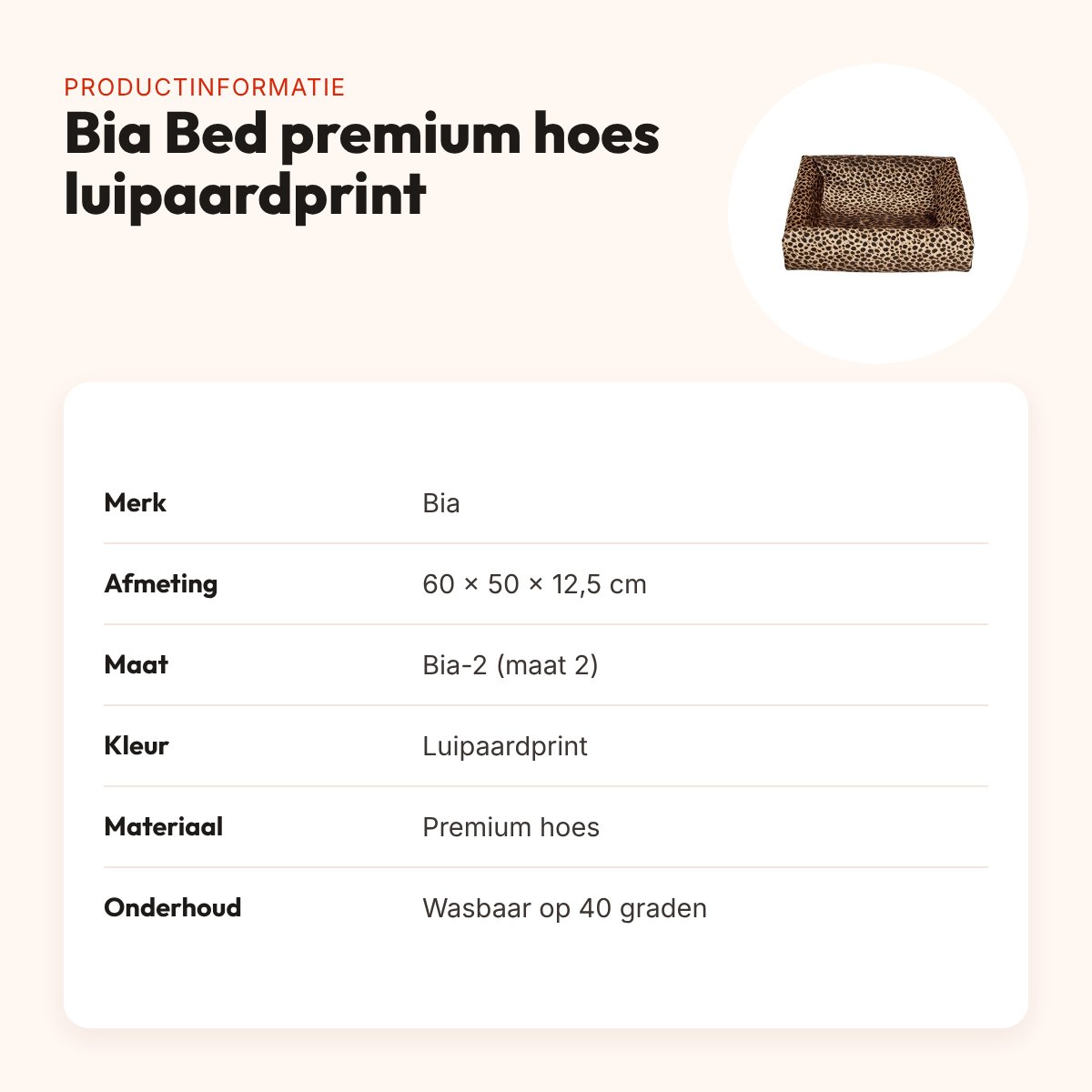 Bia Bed premium hoes luipaardprint 60 x 50 x 12,5 cm – maat 2 – productinformatie