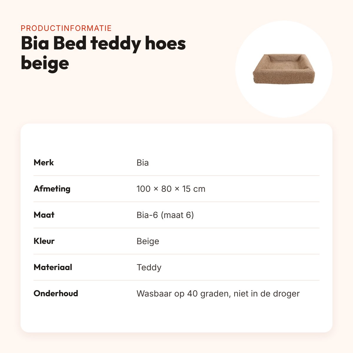 Bia Bed premium hoes teddy beige 100 x 80 x 15 cm – maat 6 – productinformatie