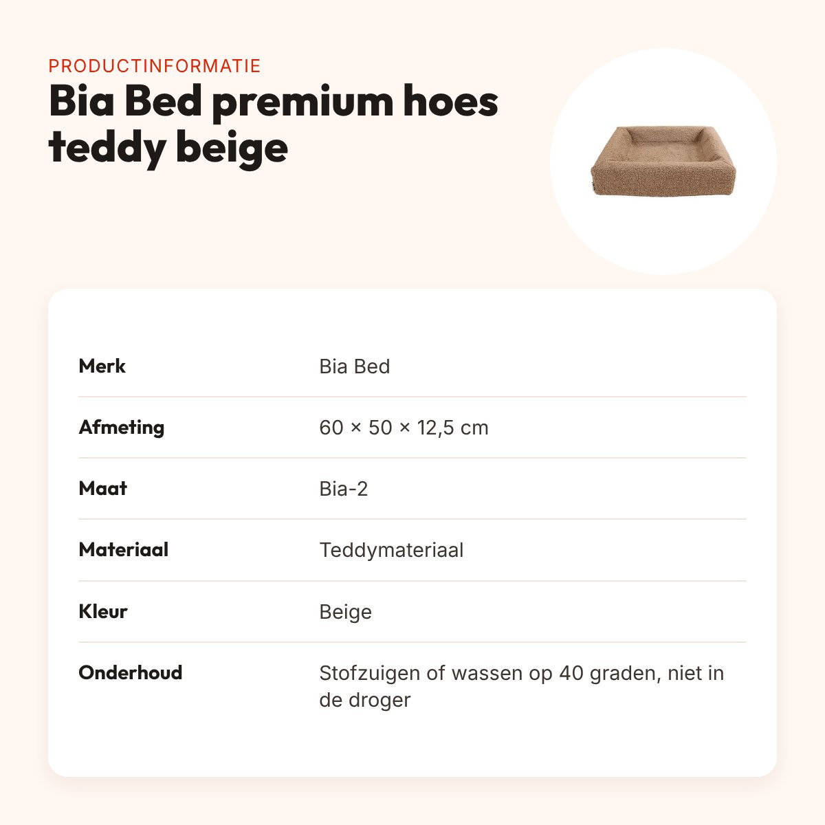 Bia Bed premium hoes teddy beige 60 x 50 x 12,5 cm – maat 2 – productinformatie