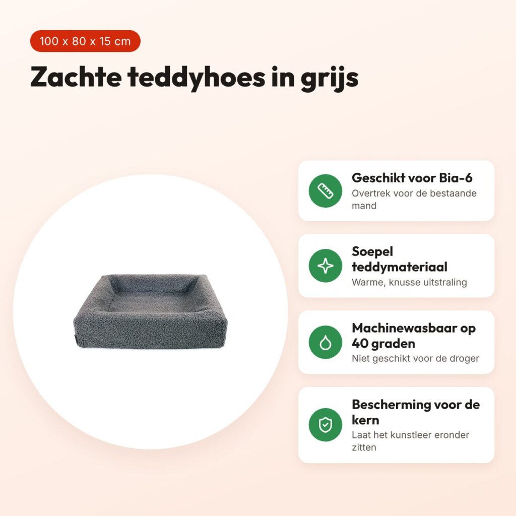 Bia Bed premium hoes teddy grijs 100 x 80 x 15 cm – maat 6 – voordelen
