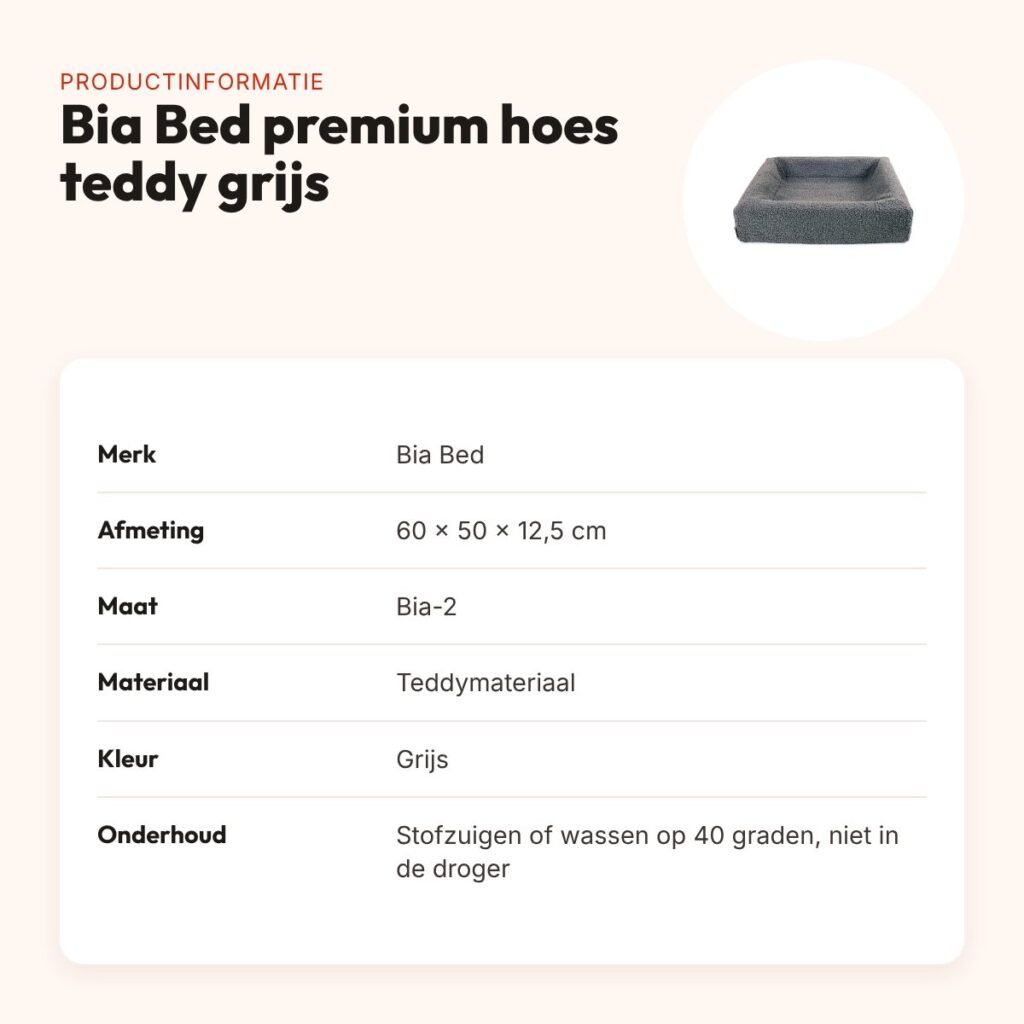 Bia Bed premium hoes teddy grijs 60 x 50 x 12,5 cm – maat 2 – productinformatie