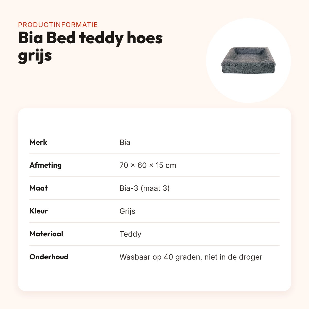 Bia Bed premium hoes teddy grijs 70 x 60 x 15 cm – maat 3 – productinformatie