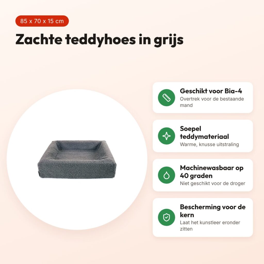 Bia Bed premium hoes teddy grijs 85 x 70 x 15 cm – maat 4 – voordelen