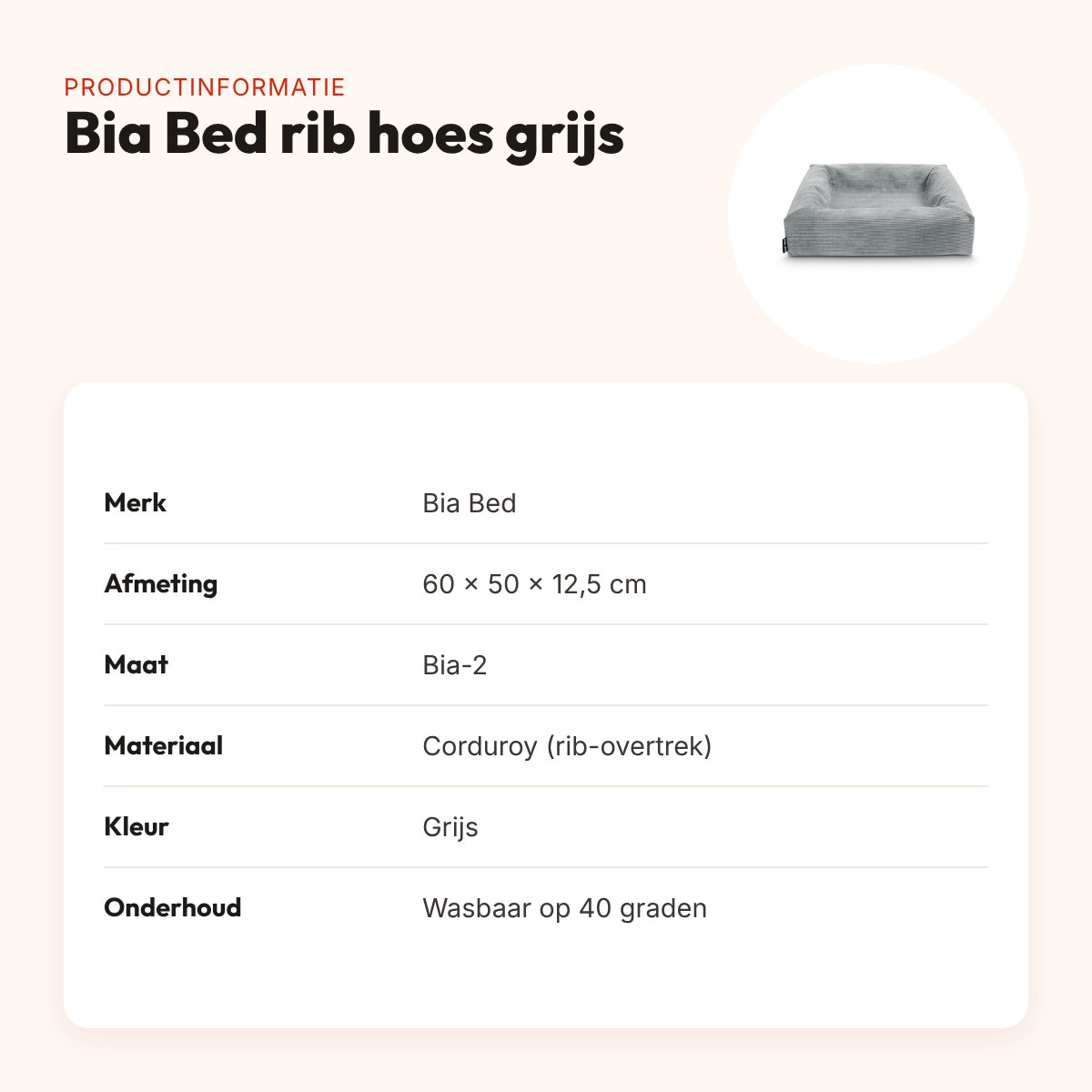 Bia Bed rib hoes hondenmand grijs 60 x 50 x 12,5 cm – corduroy, maat 2 – productinformatie
