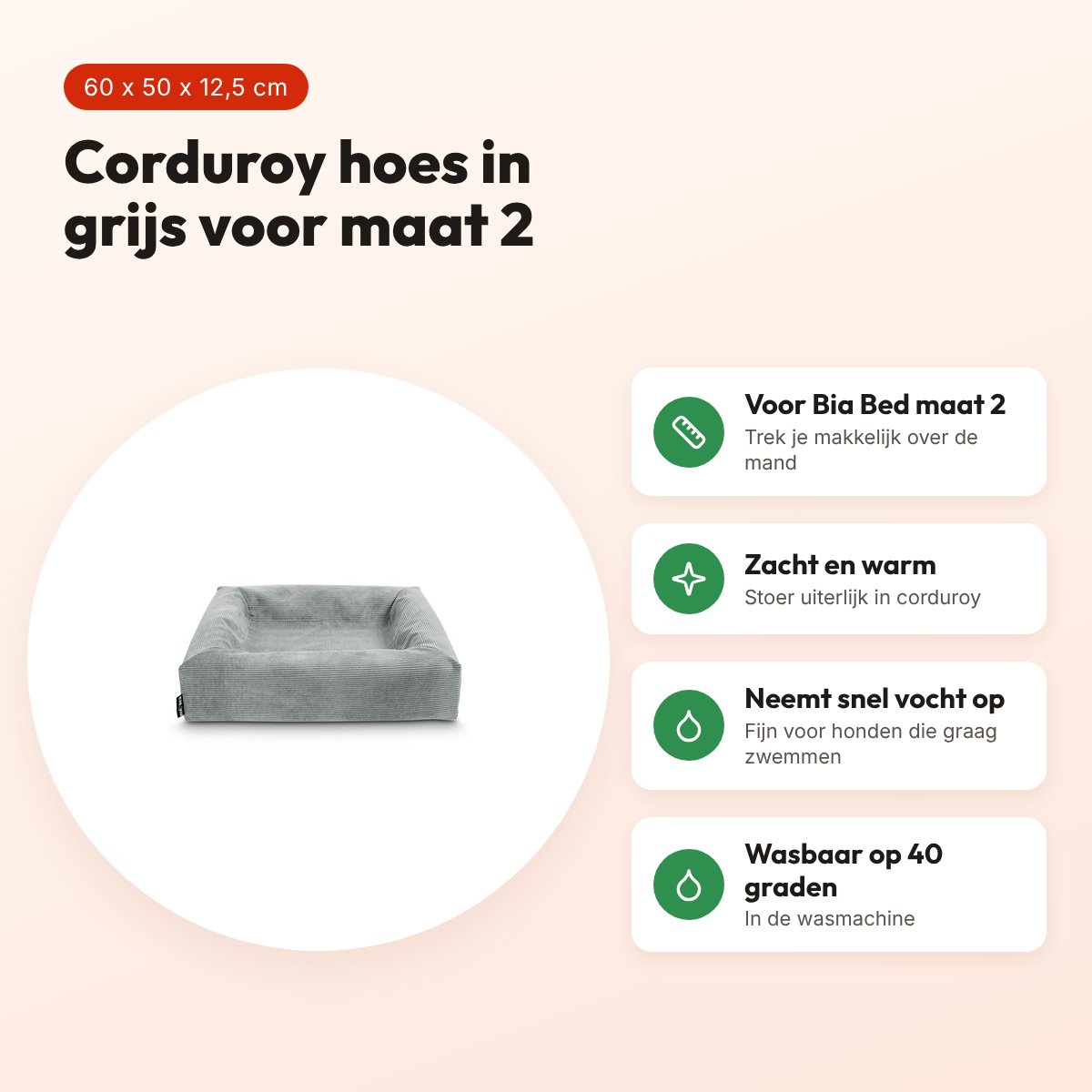 Bia Bed rib hoes hondenmand grijs 60 x 50 x 12,5 cm – corduroy, maat 2 – voordelen