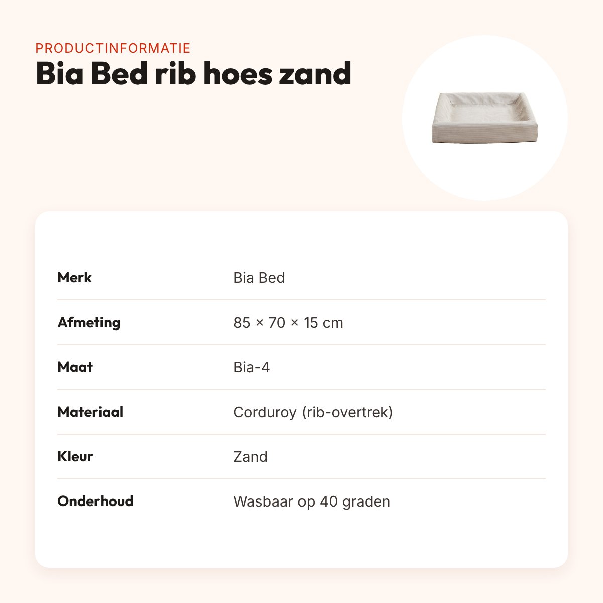 Bia Bed rib hoes hondenmand zand 85 x 70 x 15 cm – corduroy, maat 4 – productinformatie