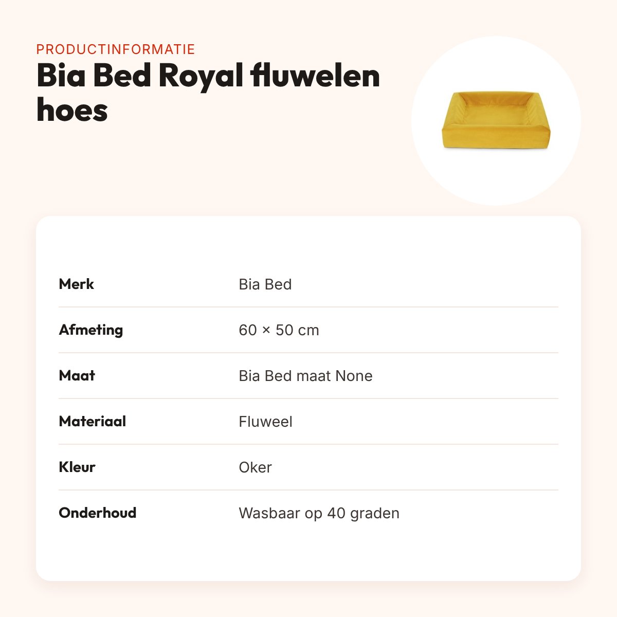 Bia Bed Royal fluwelen hoes hondenmand oker 60 x 50 cm – productinformatie