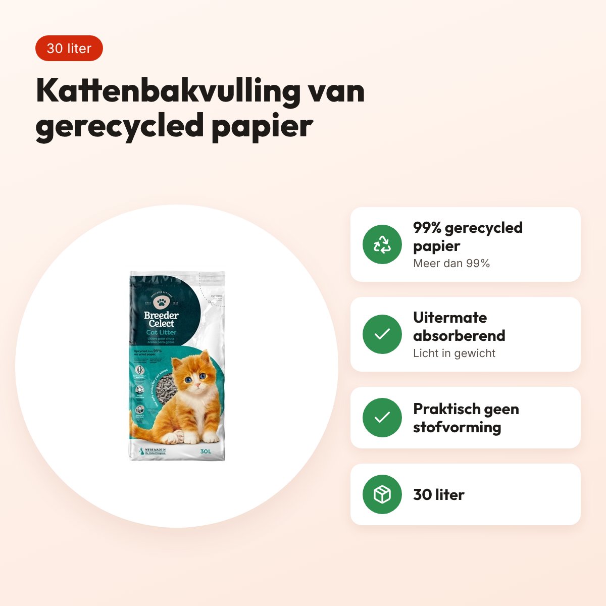 BreederCelect kattenbakvulling gerecycled papier 30 liter – absorberend – voordelen