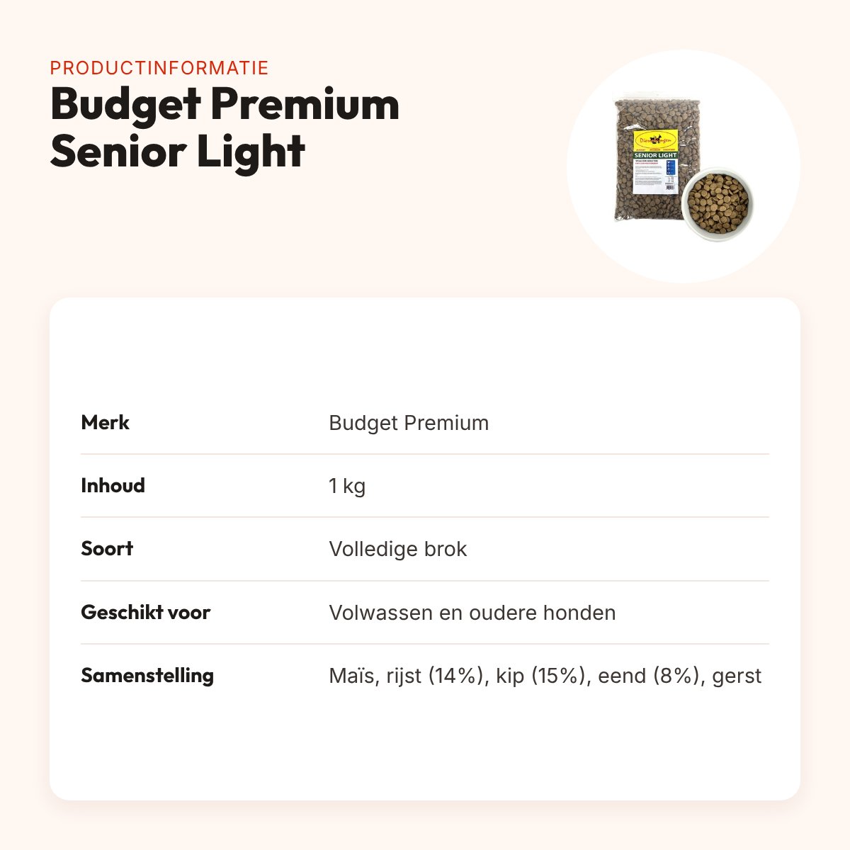 Budget Premium hondenvoer Senior Light 1 kg – licht verteerbaar – productinformatie
