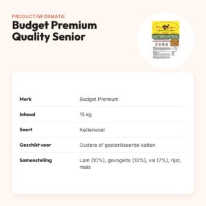 Budget Premium kattenvoer Quality Senior 15 kg – lam, gevogelte en vis – productinformatie