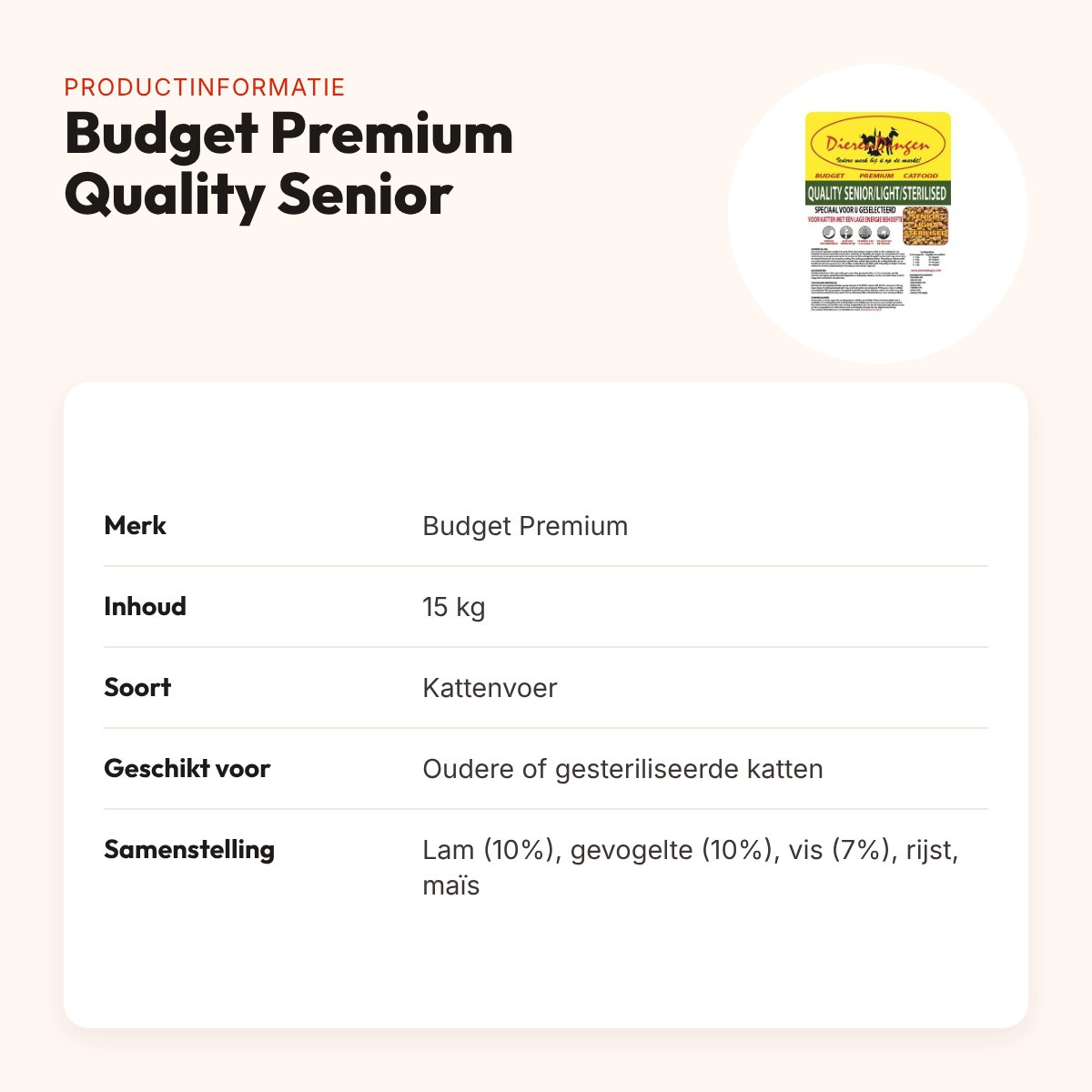 Budget Premium kattenvoer Quality Senior 15 kg – lam, gevogelte en vis – productinformatie