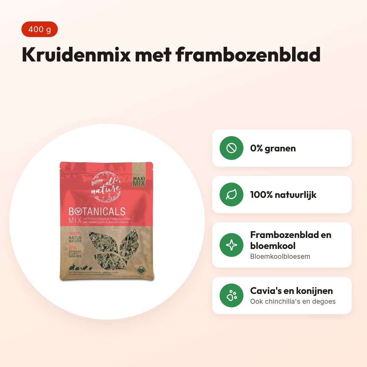 Bunny Nature Botanicals Maxi Mix frambozenblad en bloemkoolbloesem 400 g – voordelen