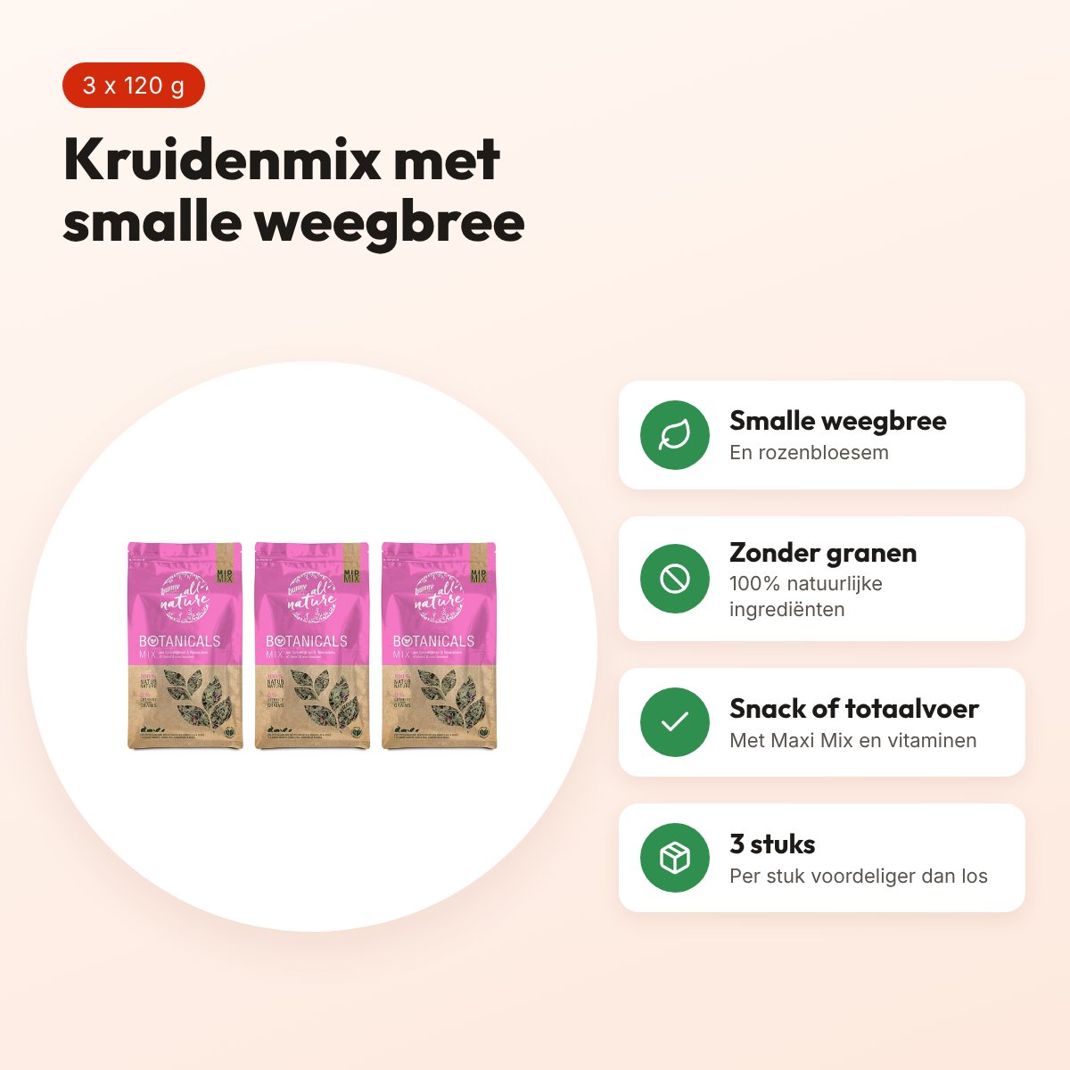 Bunny Nature Botanicals Midi Mix smalle weegbree 120 g – multipack 3 stuks – voordelen