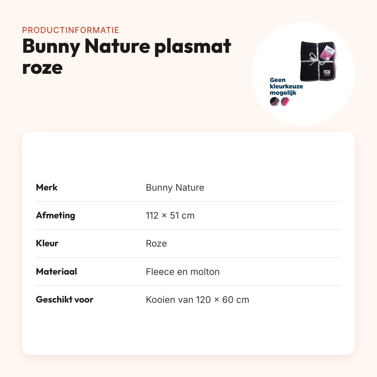 Bunny Nature Bunnybedding Easy plasmat roze 112 x 51 cm – productinformatie