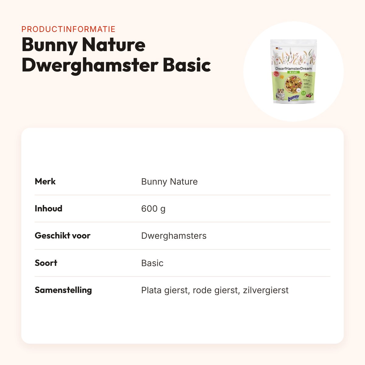 Bunny Nature Dwerghamsterdroom Basic 600 g – Long-Life-receptuur – productinformatie
