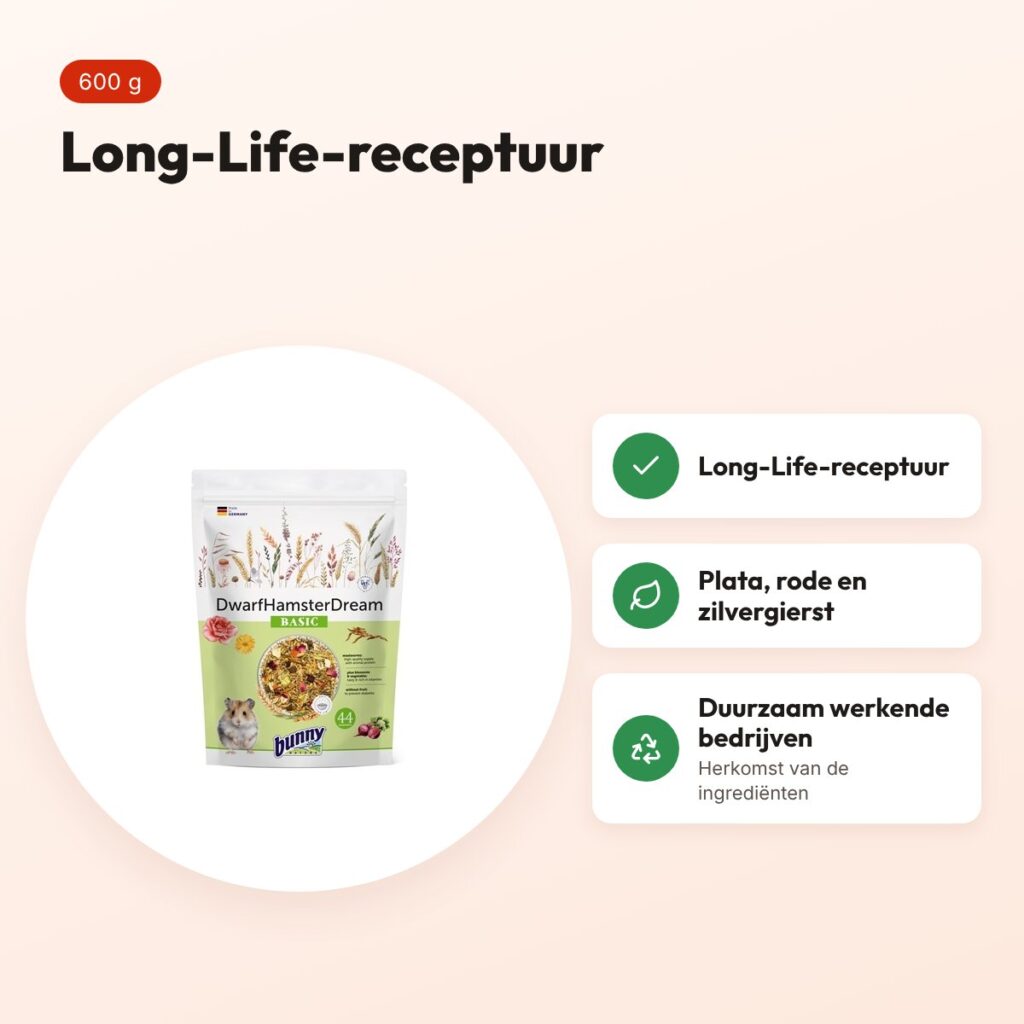 Bunny Nature Dwerghamsterdroom Basic 600 g – Long-Life-receptuur – voordelen