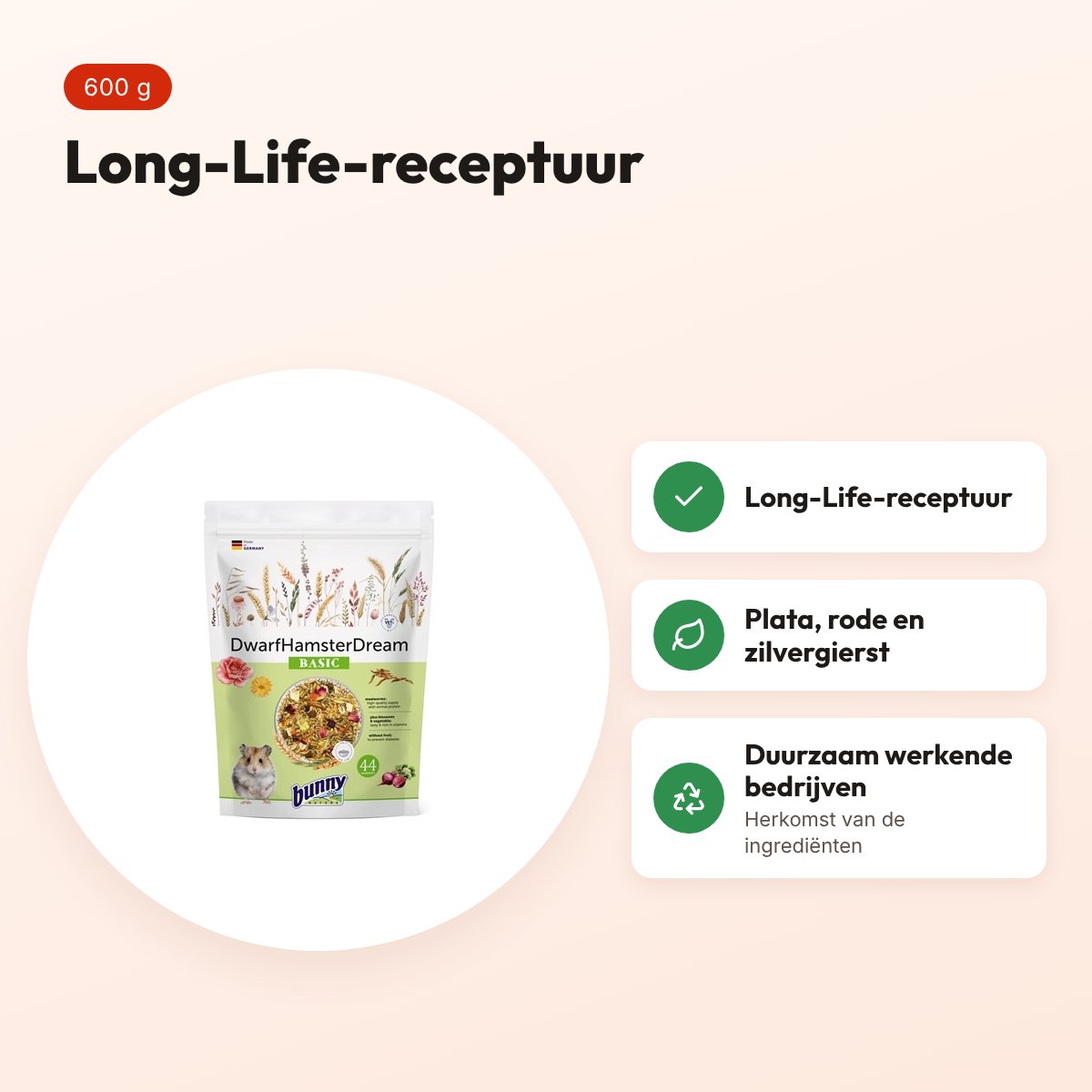 Bunny Nature Dwerghamsterdroom Basic 600 g – Long-Life-receptuur – voordelen