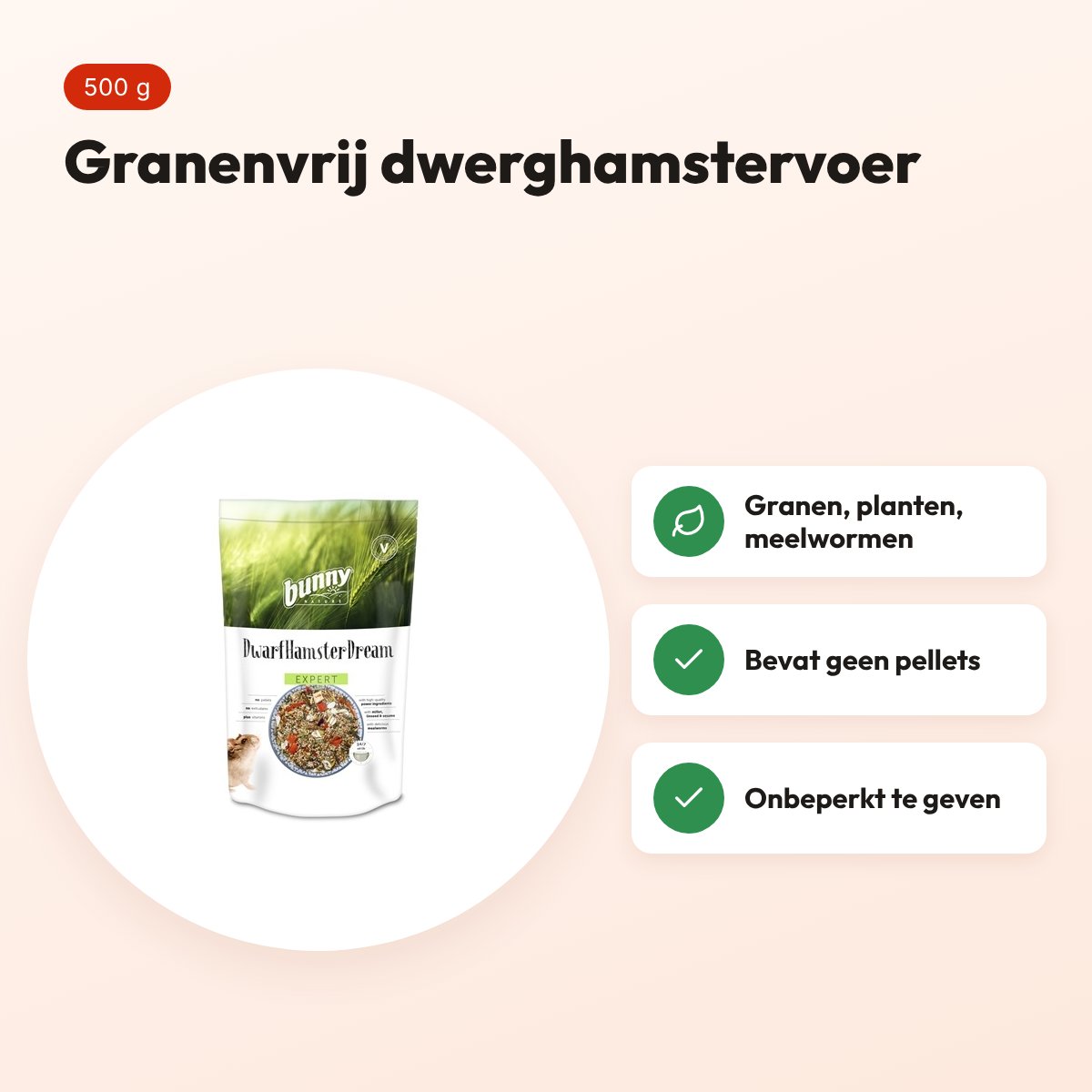 Bunny Nature Dwerghamsterdroom Expert 500 g – granenvrij – voordelen