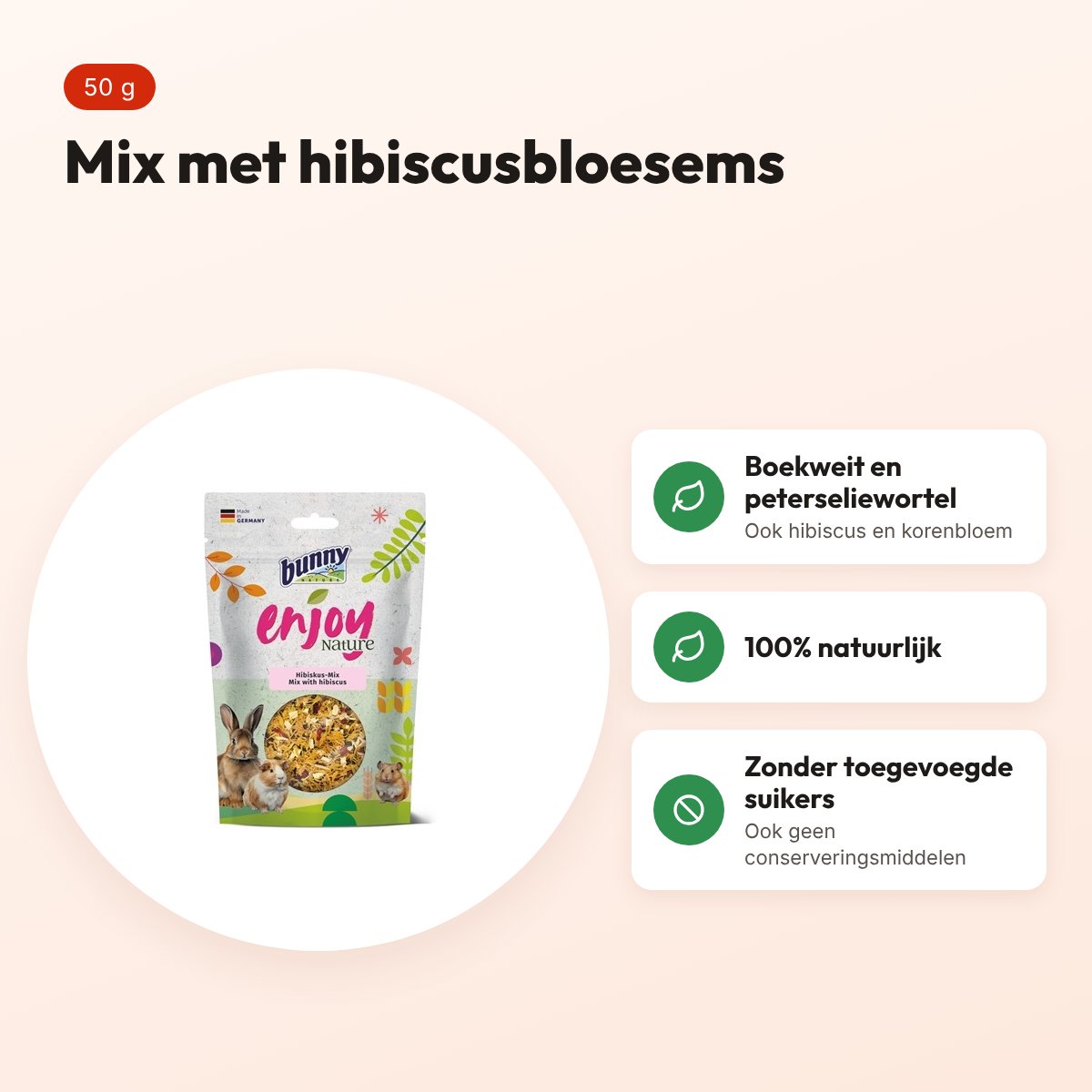 Bunny Nature Enjoynature mix met hibiscusbloesems 50 g – kleine knaagdieren – voordelen