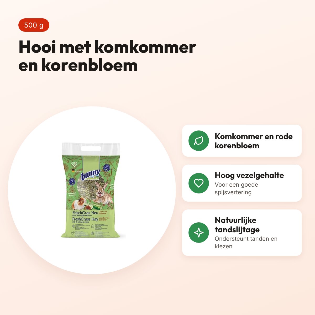 Bunny Nature Freshgrass hooi met komkommer en rode korenbloem 500 g – voordelen