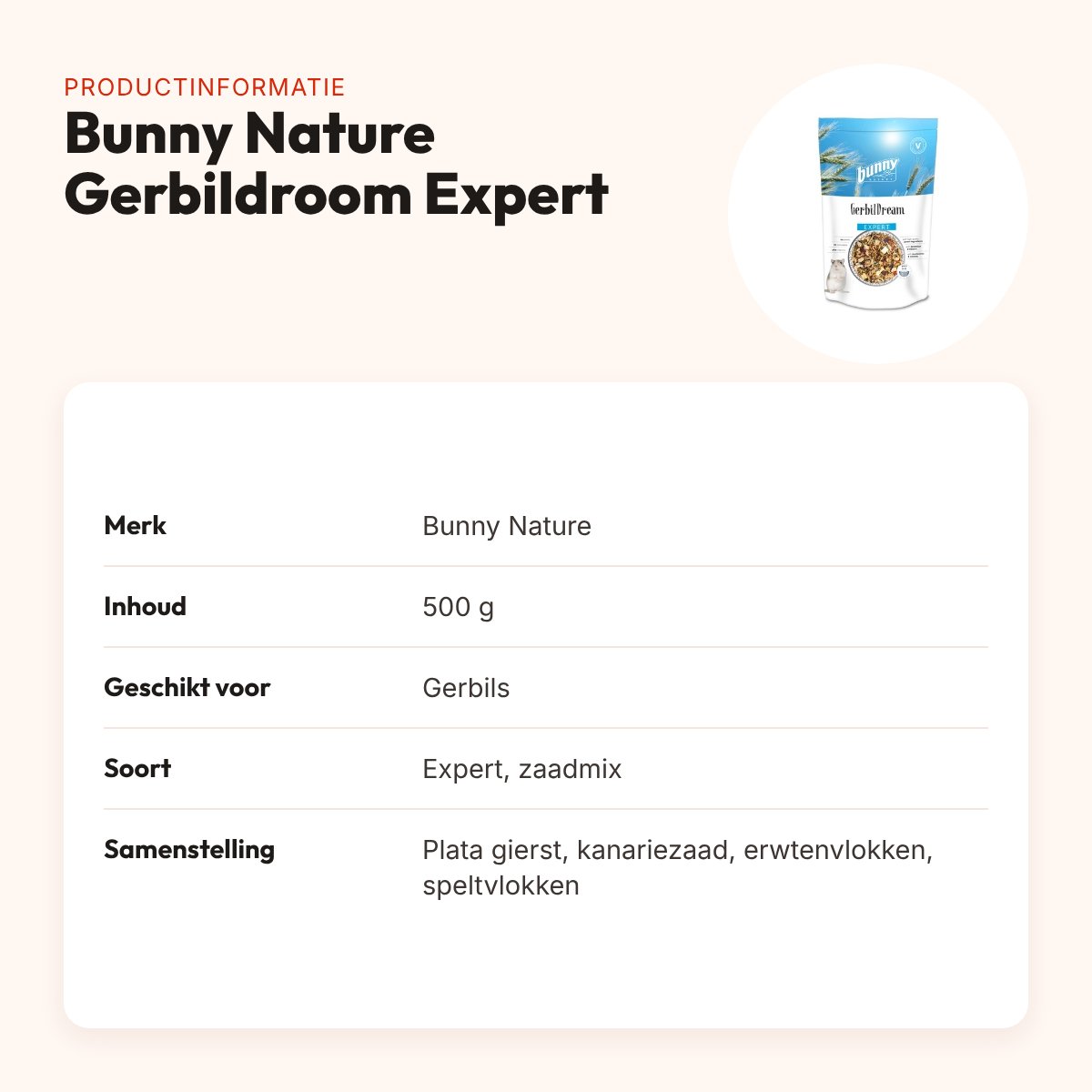 Bunny Nature Gerbildroom Expert 500 g – gerbilvoer met meelwormen – productinformatie
