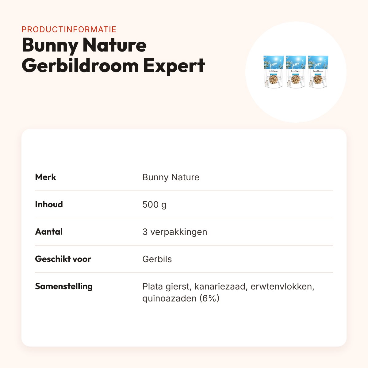 Bunny Nature Gerbildroom Expert gerbilvoer 500 g – multipack 3 stuks – productinformatie