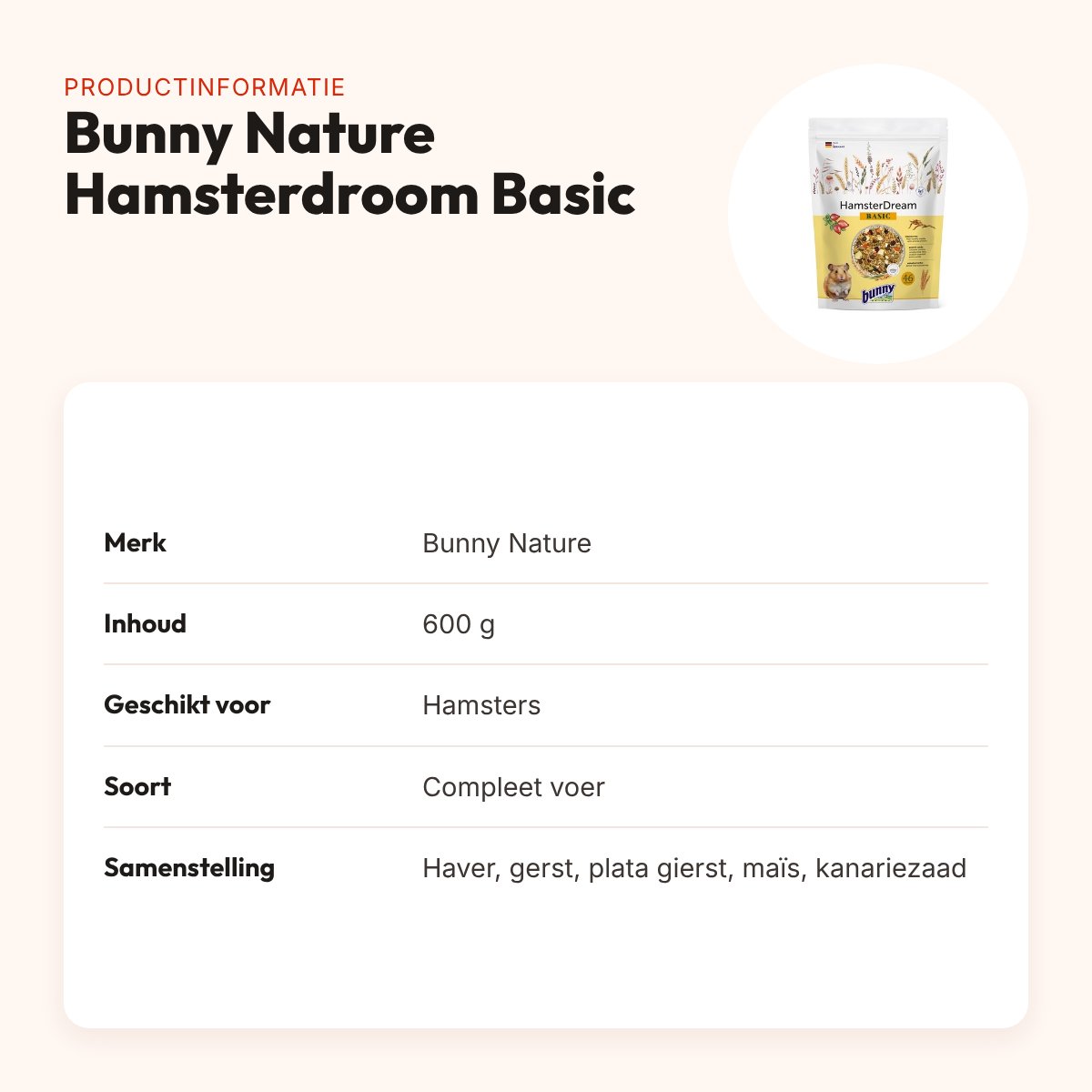 Bunny Nature Hamsterdroom Basic 600 g – compleet hamstervoer – productinformatie