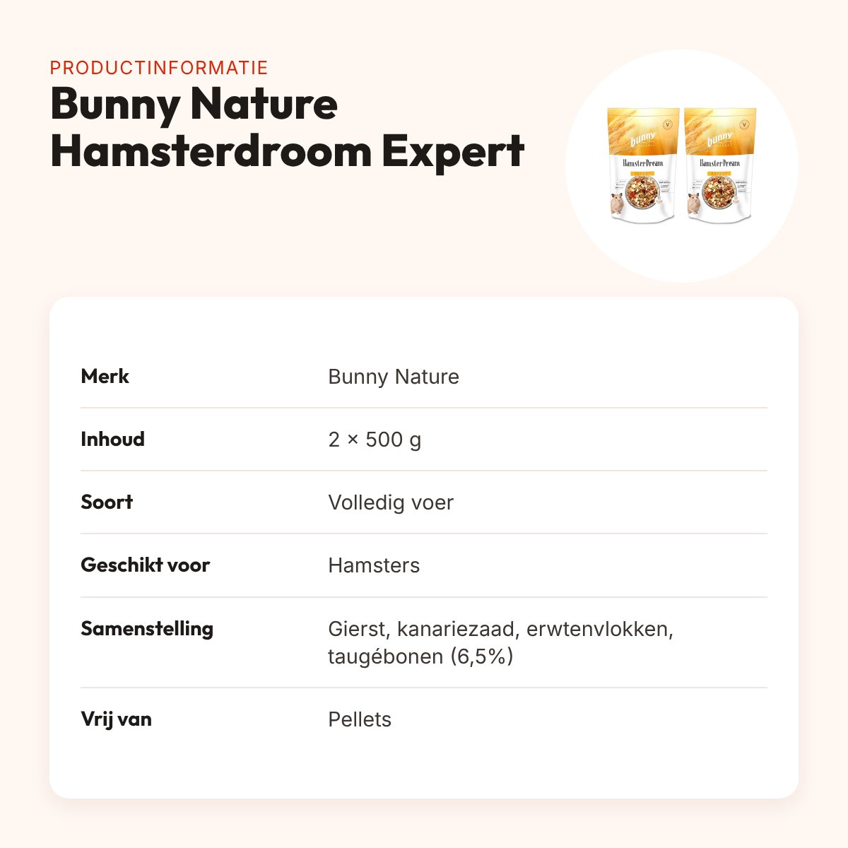 Bunny Nature hamstervoer Hamsterdroom Expert 500 g – multipack 2 stuks – productinformatie