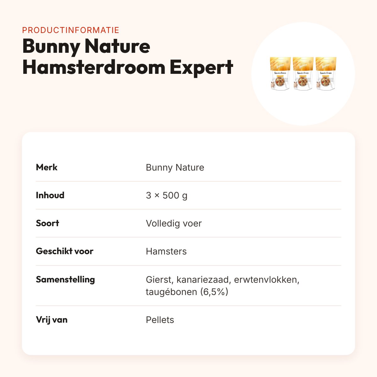 Bunny Nature hamstervoer Hamsterdroom Expert 500 g – multipack 3 stuks – productinformatie