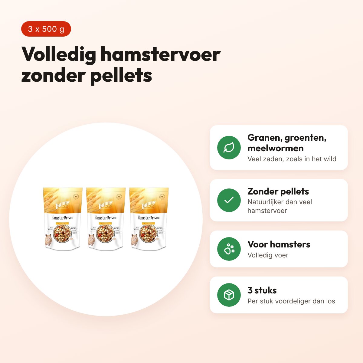 Bunny Nature hamstervoer Hamsterdroom Expert 500 g – multipack 3 stuks – voordelen
