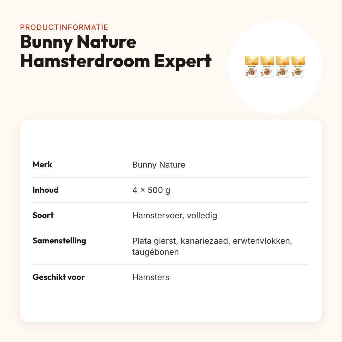 Bunny Nature hamstervoer Hamsterdroom Expert 500 g – multipack 4 stuks – productinformatie