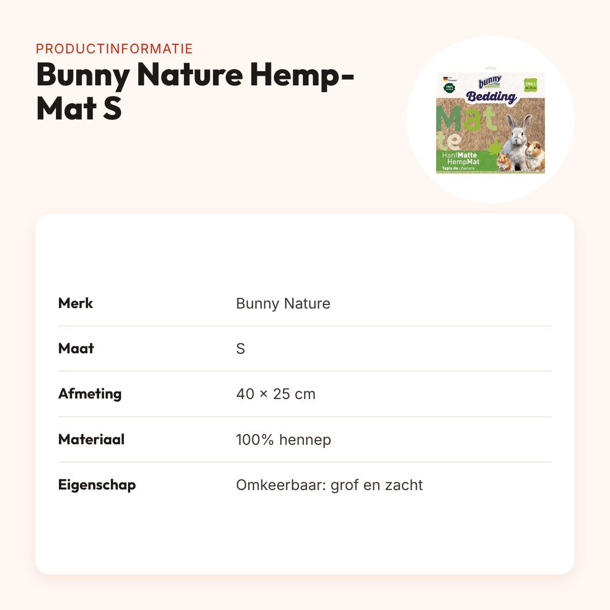 Bunny Nature Hemp-Mat hennepvezelmat S 40 x 25 cm – omkeerbare ligmat – productinformatie