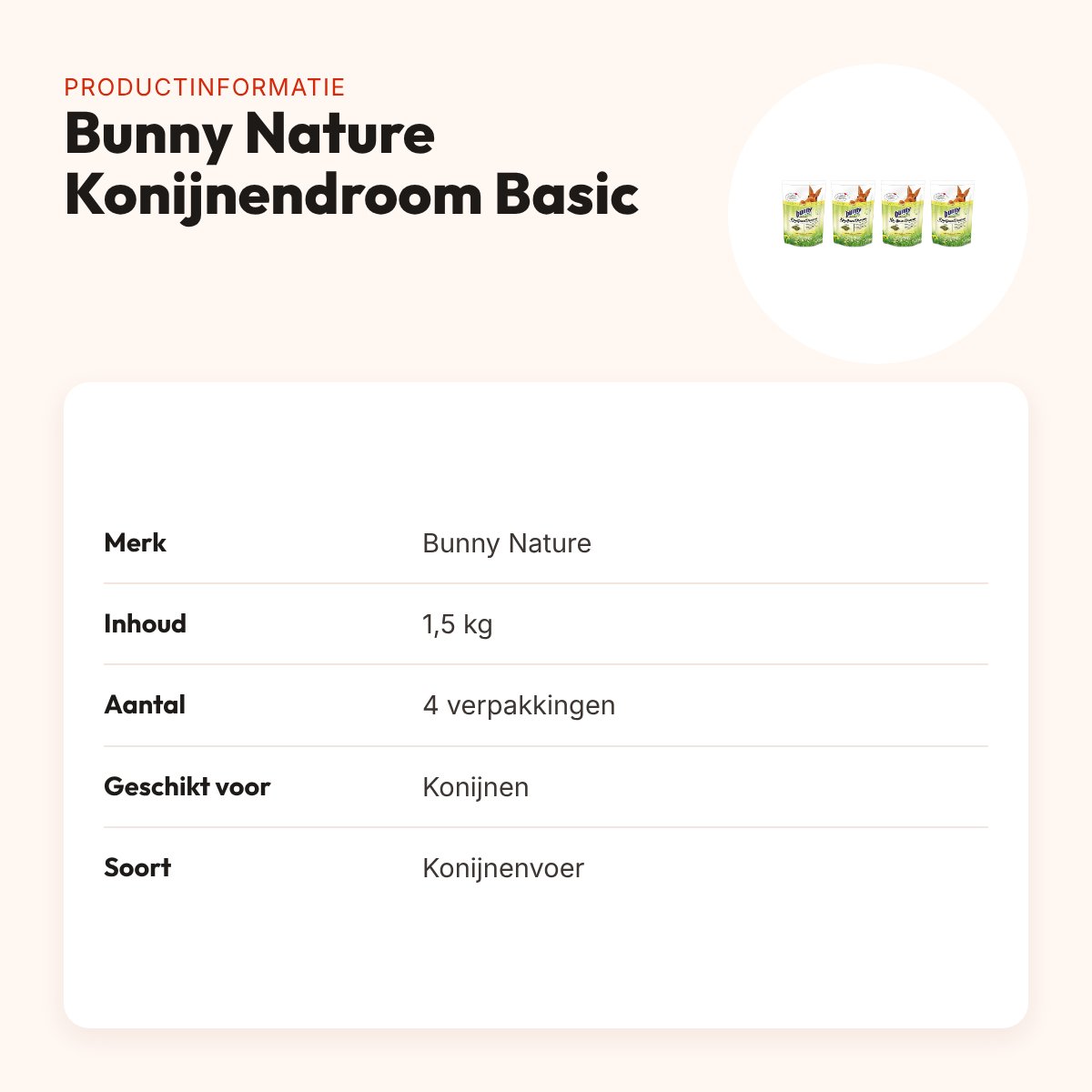 Bunny Nature Konijnendroom Basic konijnenvoer 1,5 kg – multipack 4 stuks – productinformatie